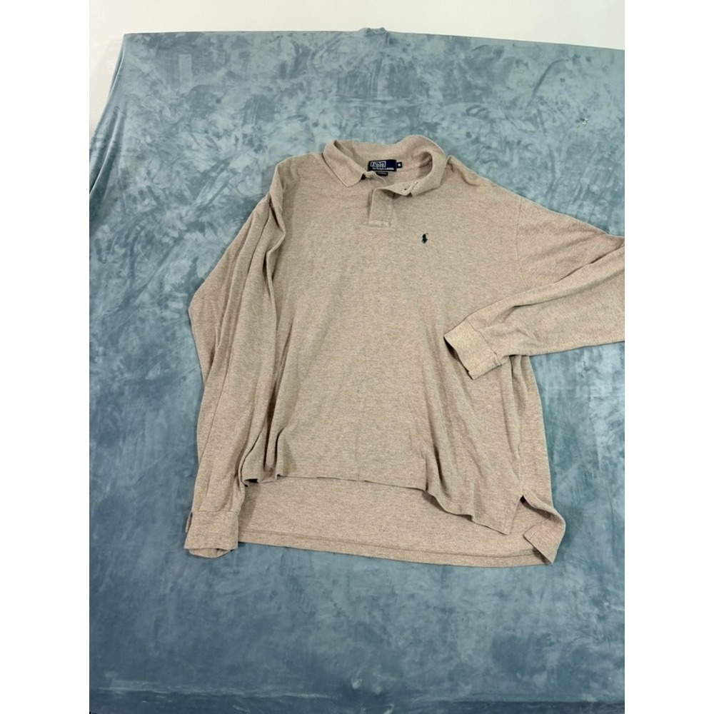Polo Ralph Lauren Mens XL Long Sleeve Polo Shirt Beige Tan Cotton Pique Logo